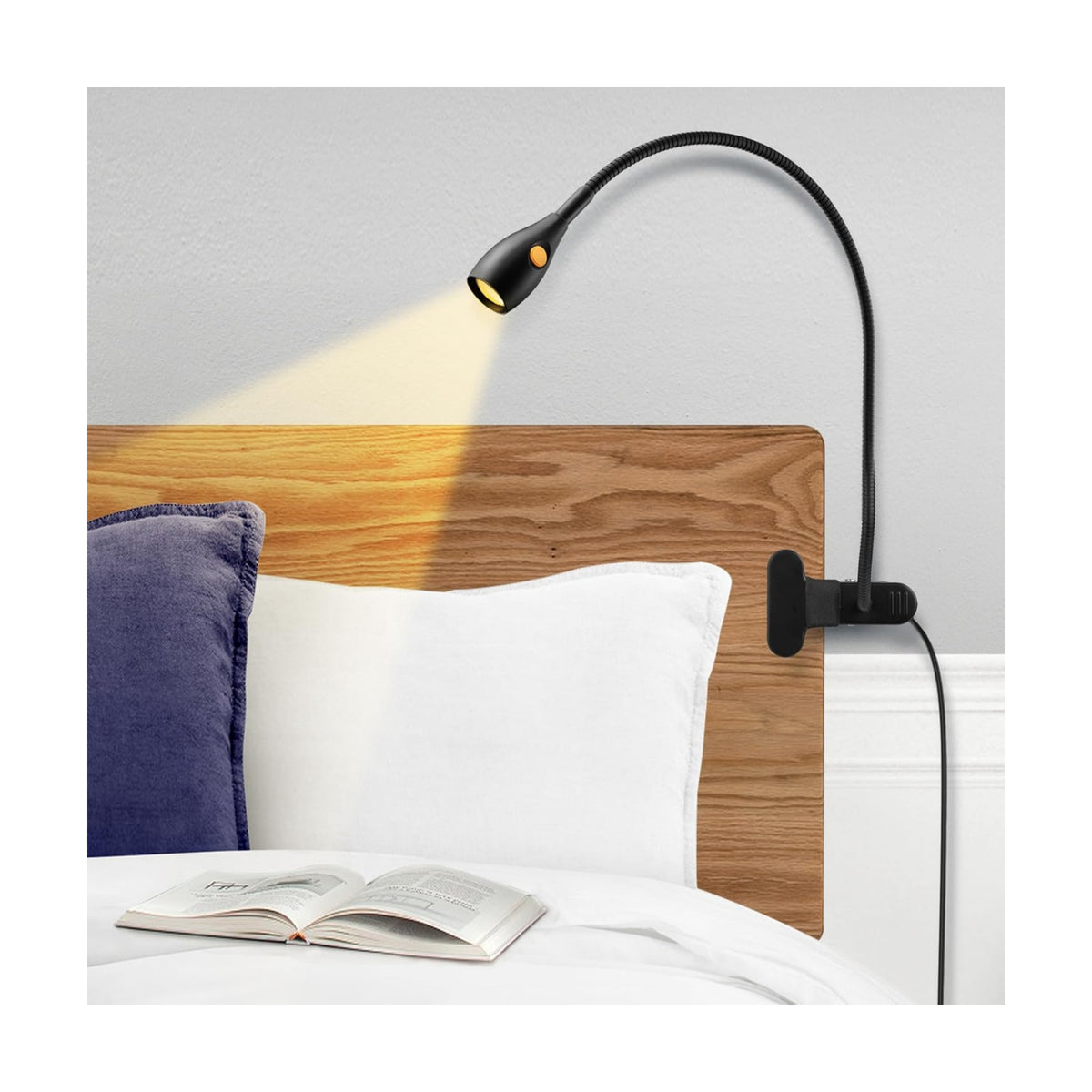 acegoo Minimalist Clip On Reading Light, Head Switch Headboard Book Lamp | With USB-C Adapter, Flexible Neck, Amber