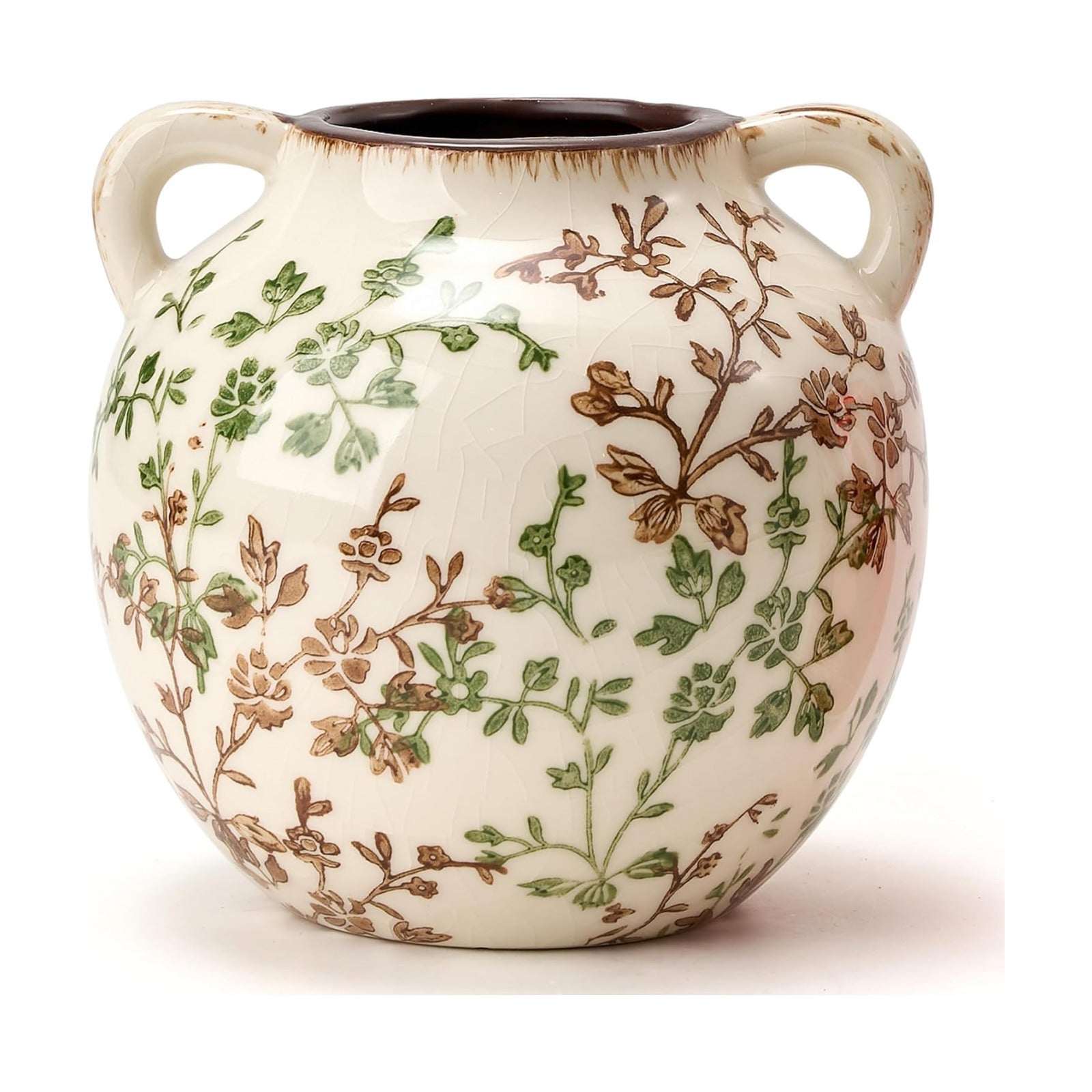 Rustic Ceramic Vase / Beige and Green- 5.6 / 5.6 Inch