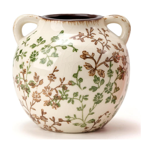 Rustic Ceramic Vase / Beige and Green- 5.6 / 5.6 Inch
