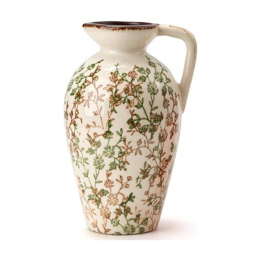 Rustic Ceramic Vase / Green and Beige- 8.9 / 8.9 Inch