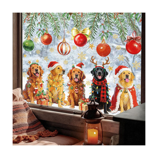 JarThenaAMCS Christmas Window Clings Xmas Puppy Theme Reusable Window Decals for Holiday Home School Office Glass Decor, 2 Sheets