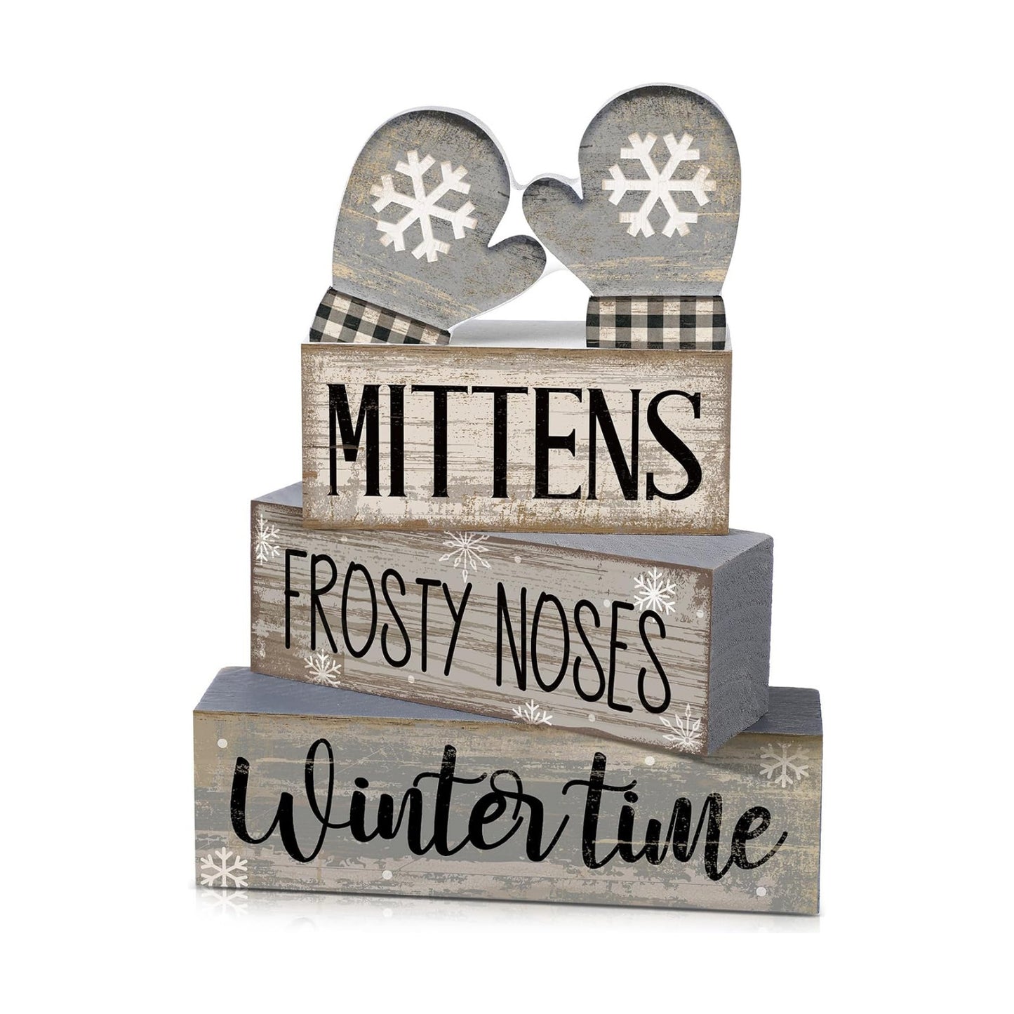 Lineshading 4 Pcs Winter Table Decorations Wooden Mittens Decor Winter Tiered Tray Decor Rustic Snowflake Mittens Block