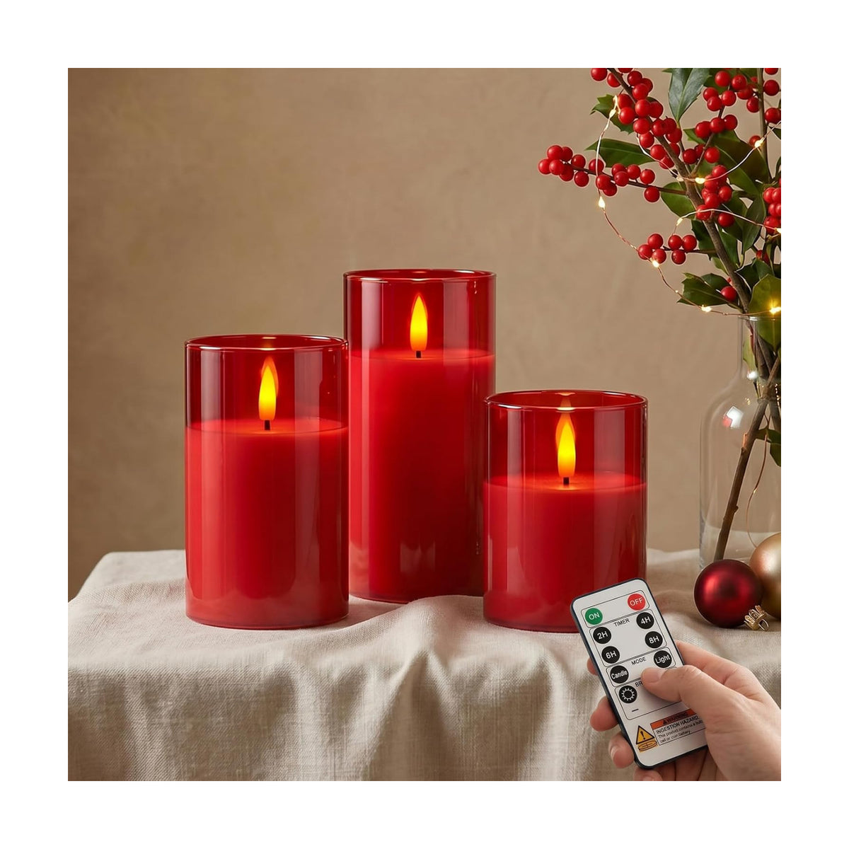 Amagic Red Glass Flameless LED Candles Battery Operated with Remote Timer | Real Wax Pillar Electric Candle, 3D
