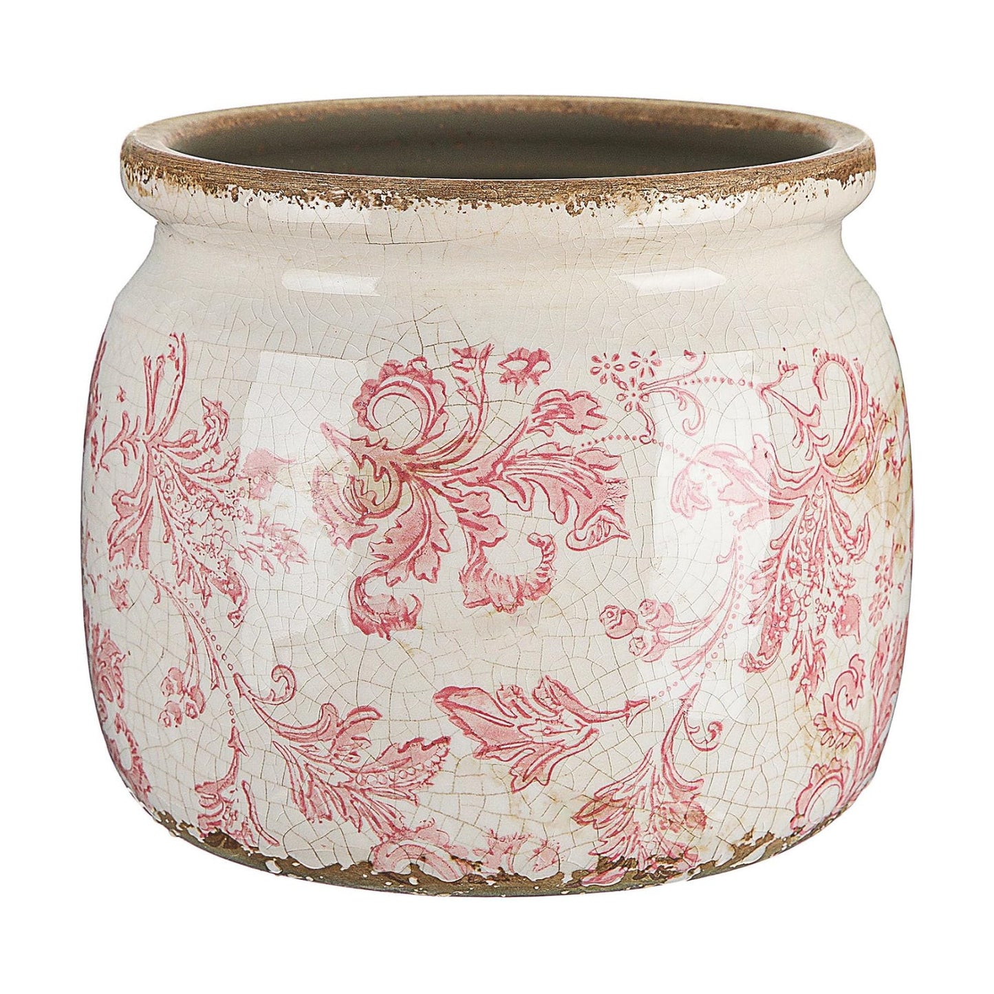 Vintage Planter Large Ceramic Plants Pot Ice Crack Cottage Scroll Vase Flower / Floral Scroll / Pink