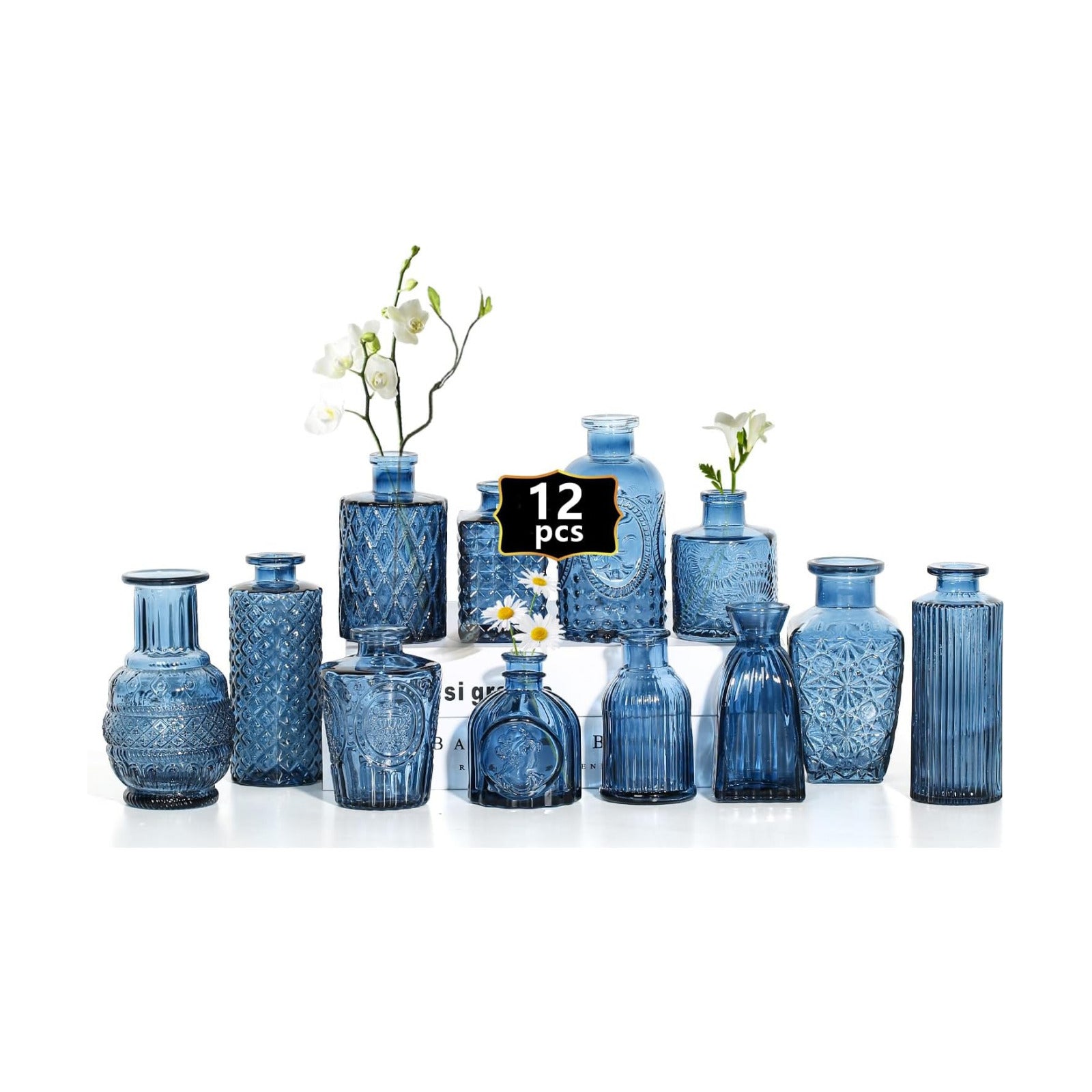Clear Bud Vases for Flowers / Blue / Set of 12