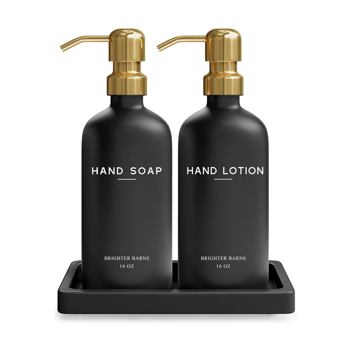 Luxury Glass Soap and Lotion Dispenser Set with Tray by Brighter Barns - Black and Gold Soap Dispenser Bathroom Set