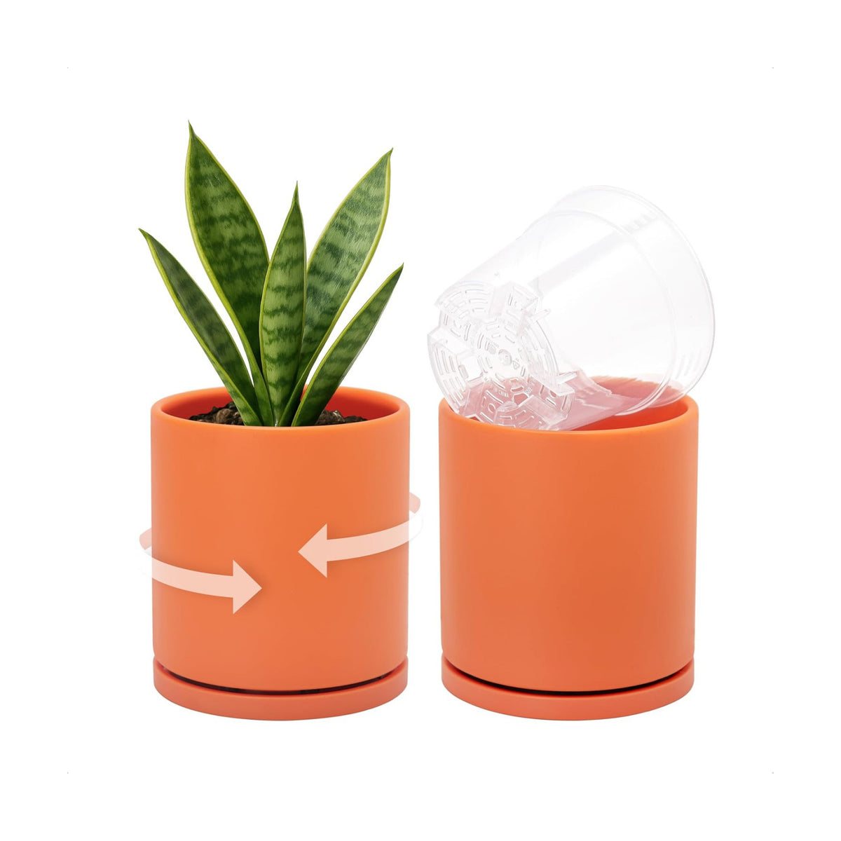 D'vine Dev Double-Layer Self-Draining Planter Set – Rotating Plastic Outer Pot with Clear Inner Liner for Root Health, Perfect for Indoor Plants, 4.5", Set of 2, Pumpkin, 73-V-E-1