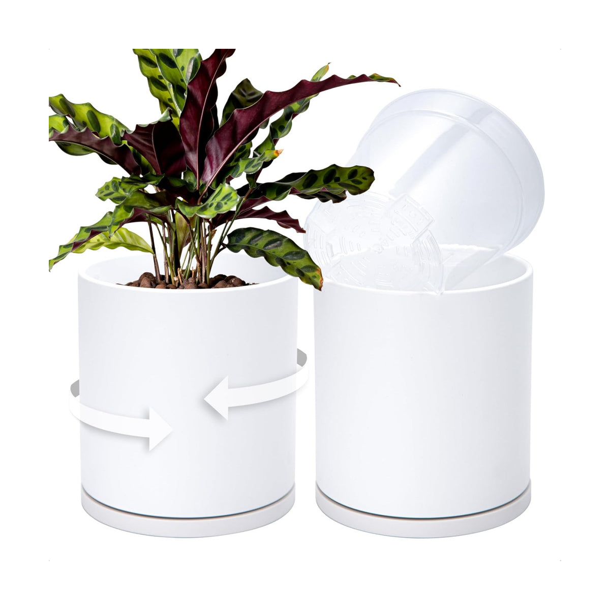 D'vine Dev Double-Layer Self-Draining Planter Set – Rotating Plastic Outer Pot with Clear Inner Liner for Root Health, Perfect for Indoor Plants, 6.5", Set of 2, White, 73-V-A-2