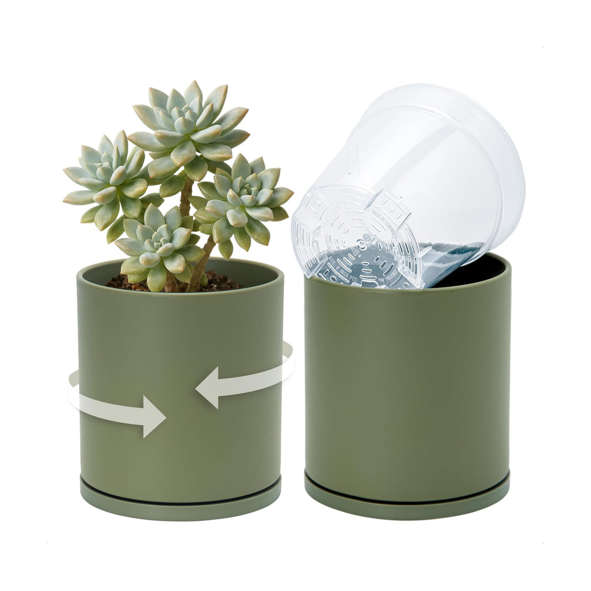 D'vine Dev Double-Layer Self-Draining Planter Set – Rotating Plastic Outer Pot with Clear Inner Liner for Root Health, Perfect for Indoor Plants, 6.5", Set of 2, Olive, 73-V-C-2