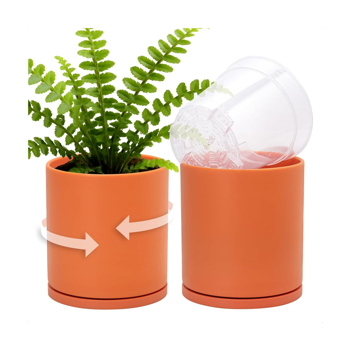 D'vine Dev Double-Layer Self-Draining Planter Set – Rotating Plastic Outer Pot with Clear Inner Liner for Root Health, Perfect for Indoor Plants, 6.5", Set of 2, Pumpkin, 73-V-E-2