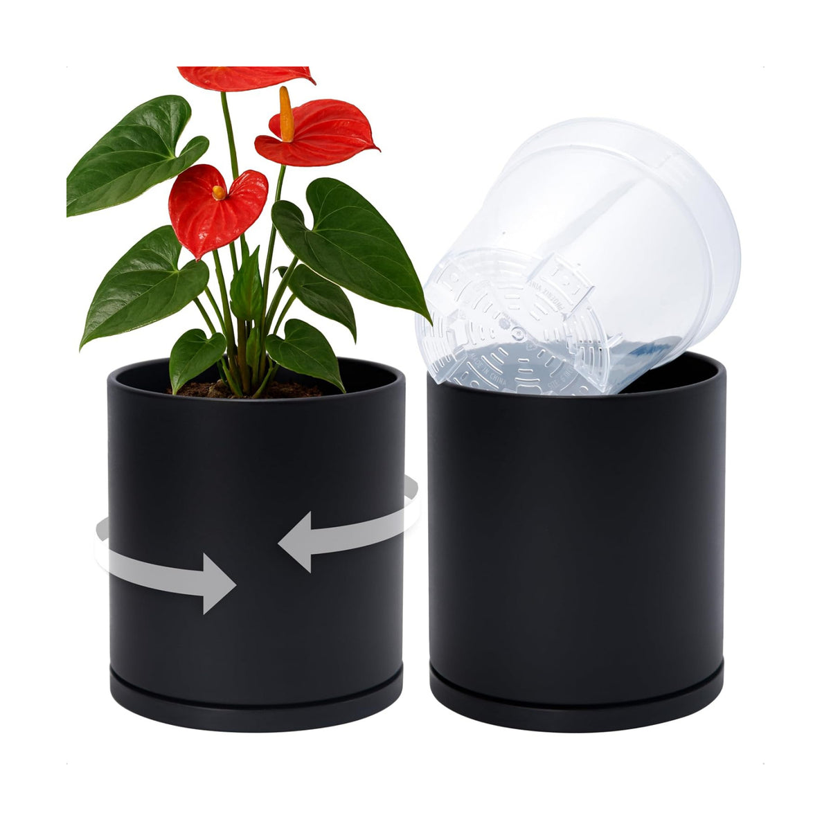 D'vine Dev Double-Layer Self-Draining Planter Set – Rotating Plastic Outer Pot with Clear Inner Liner for Root Health, Perfect for Indoor Plants, 6.5", Set of 2, Black, 73-V-B-2