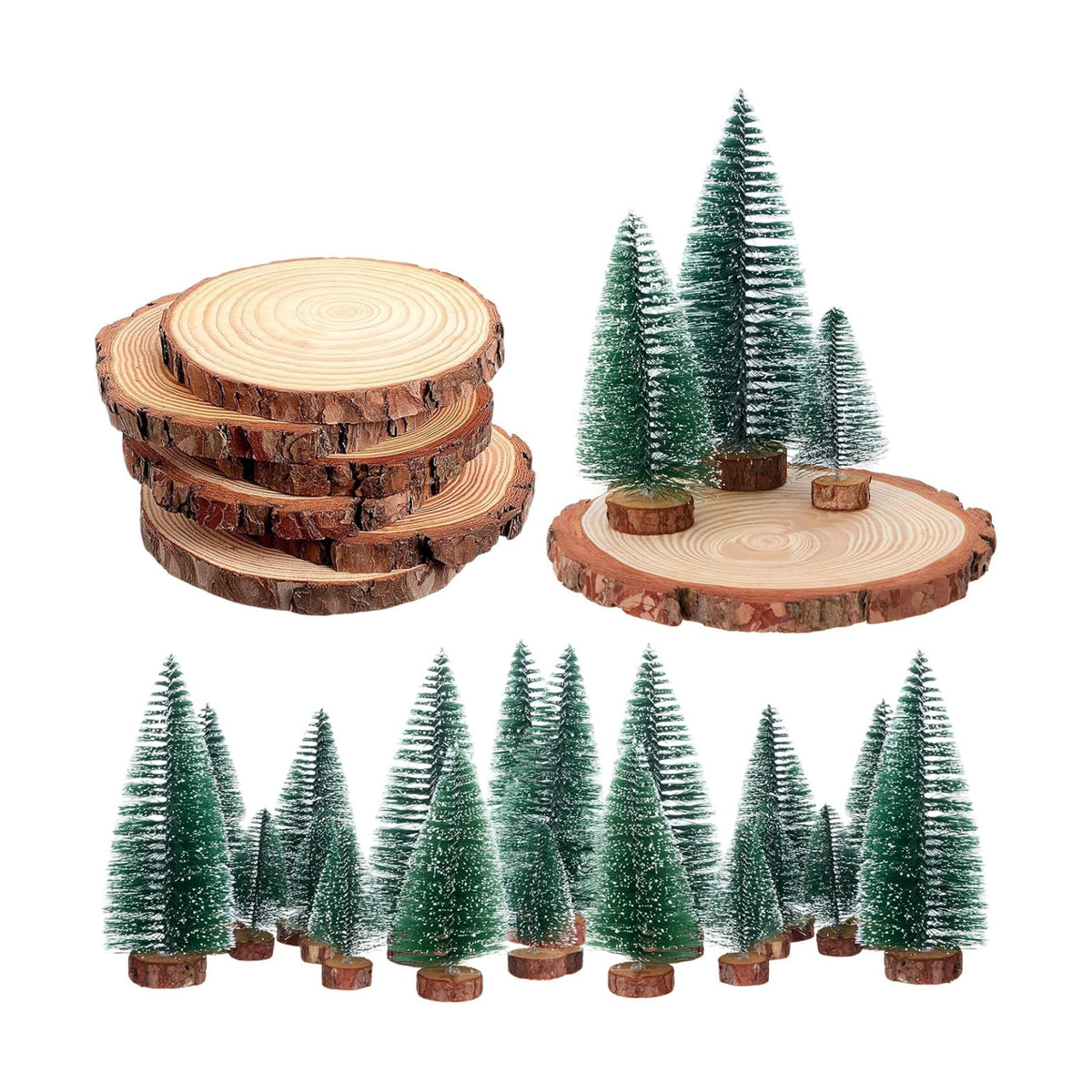 18 Pcs Bottle Brush Trees in 3 Size and 6 Pcs Wood Slices, Green