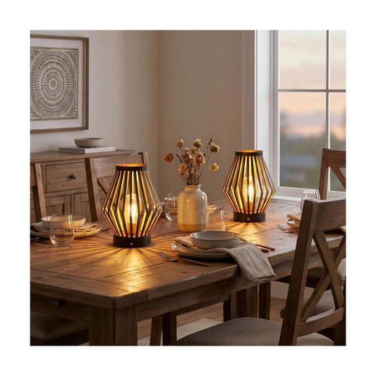 JHY DESIGN Set of 2 Dimmable Bedside Table Lamp 8.5''H Rechargeable Metal Cage Lantern with LED Edison Style Bulb