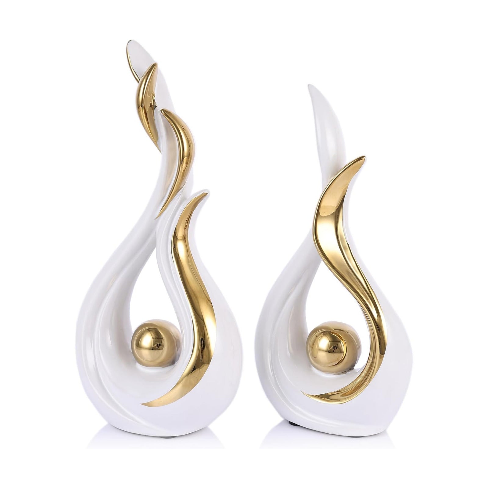Modern Figurines / Abstract Flame Ceramic Sculpture Set / White Gold / Set of 2