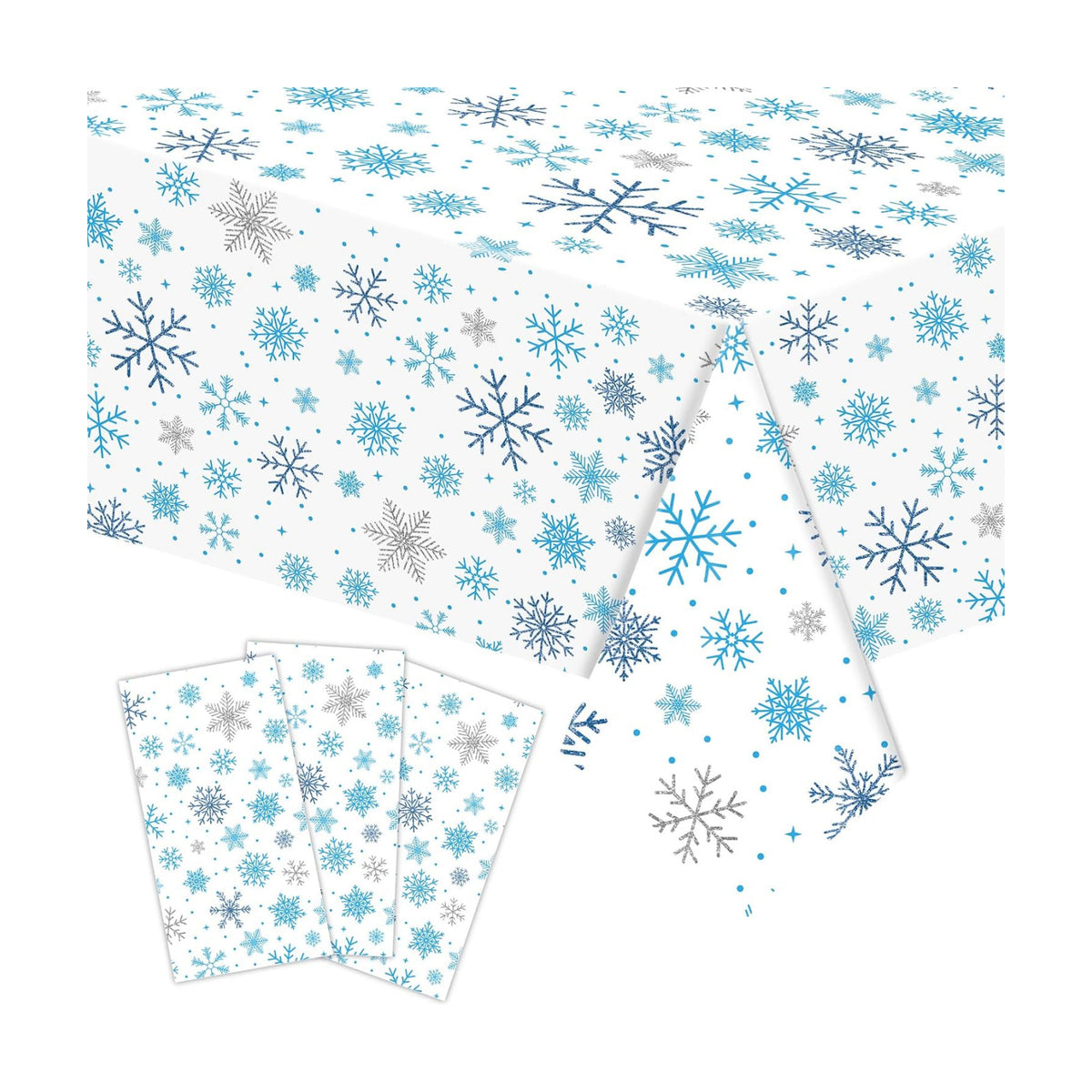 Gistome 3-Piece 54 x 108 Inch Snowflake Plastic Tablecloth – Blue and White Christmas Holiday Disposable Table Cover for Winter Parties, Xmas Dinners, and Indoor Outdoor Decorations