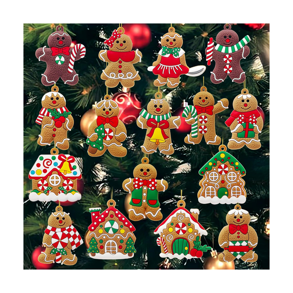 16 PCS Gingerbread Man Ornaments for Christmas Tree, Gingerbreads House Ornament, Christmas Tree Hanging Party Decor for Xmas Home Kitchen Holiday Decor