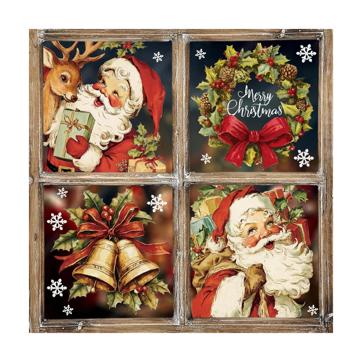 Whaline 4 Sheets Large Christmas Window Clings Santa Reindeer Holly Berry Bell Window Stickers Double-Sided Glass Decals for Winter Xmas Home Classroom Office Party Decoration