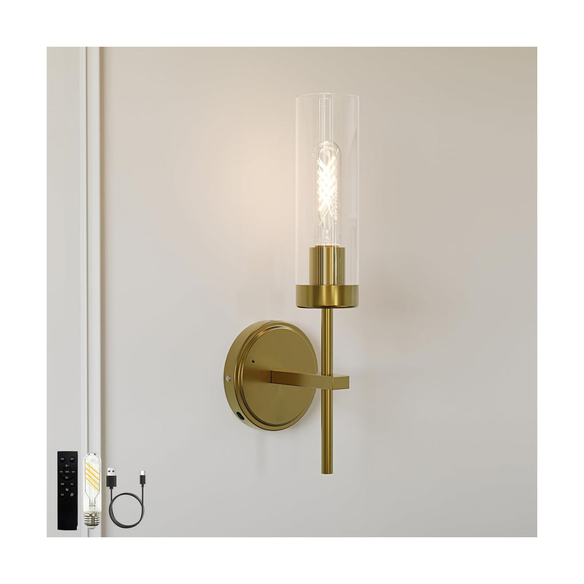 Gold Battery Operated Wall Sconce, Wireless Wall Sconces with Remote Control, Rechargeable 3000K Dimmable Wall Light