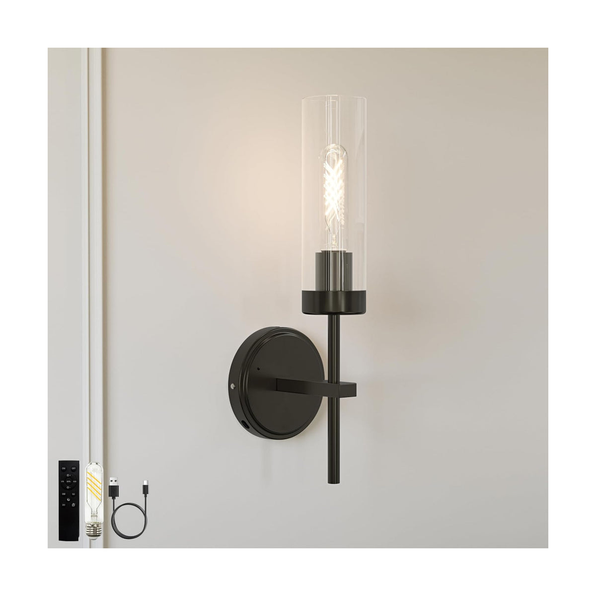 Black Battery Operated Wall Sconce, Wireless Wall Sconces with Remote Control, Rechargeable 3000K Dimmable Wall Light