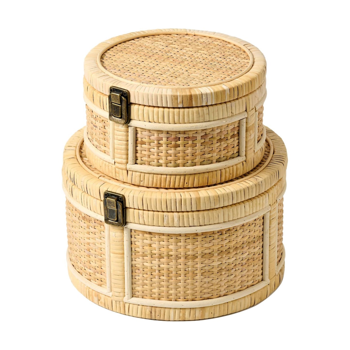 Lids Wooden Frame Decorative Rattan Round Baskets Set Handmade Woven Wicker / Natural / Set of 2