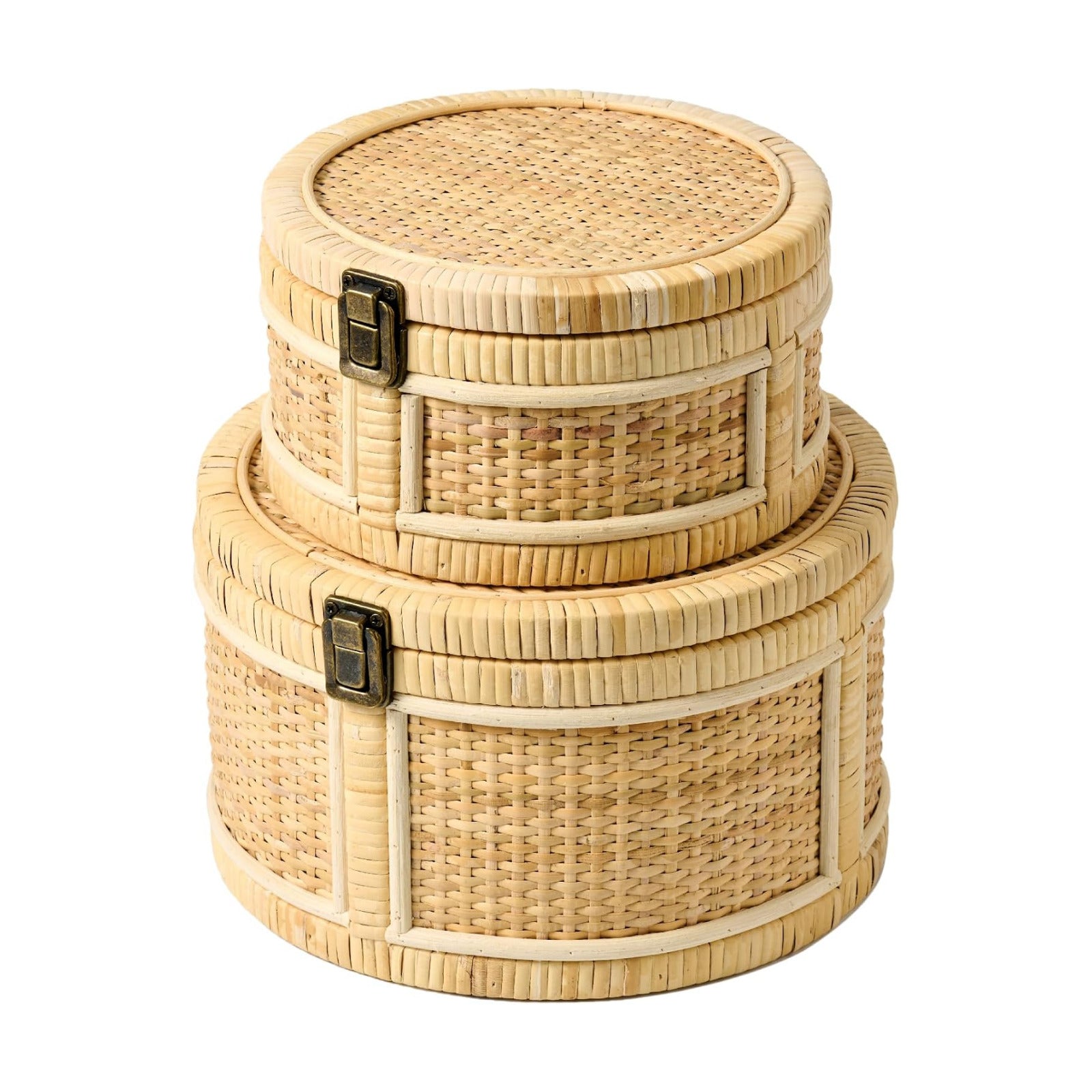 Lids Wooden Frame Decorative Rattan Round Baskets Set Handmade Woven Wicker / Natural / Set of 2