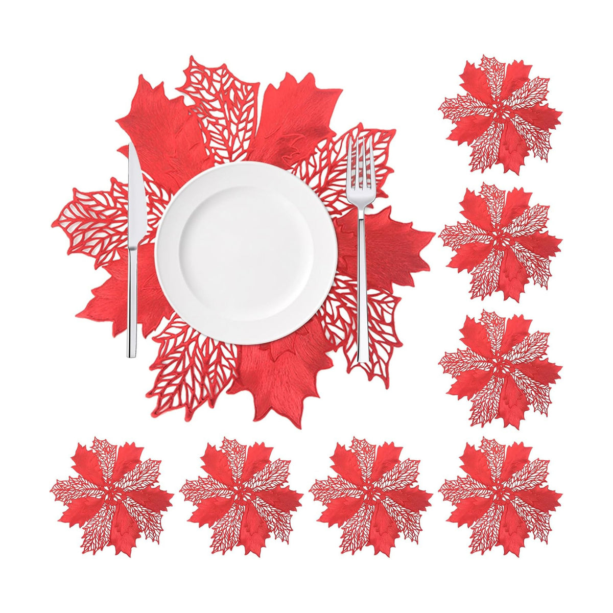 Christmas Placemats Set of 8,Red Flower Placemat Round Vinyl Table Mats for Kitchen Dinning Holiday Home Decoration