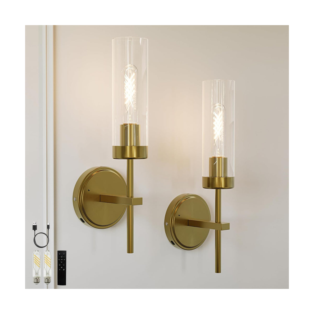 Gold Battery Operated Wall Sconce Set of 2, Wireless Wall Sconces with Remote Control, Rechargeable 3000K Dimmable Wall