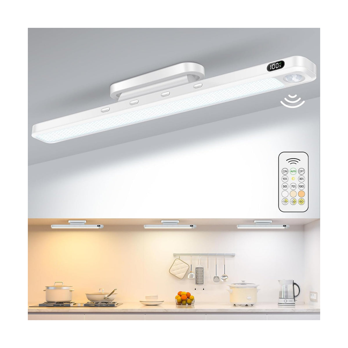 WILLED 3W Motion Sensor Rechargeable Light Bar with Remote, Eye-Care Under Cabinet Lights with Battery Level Display
