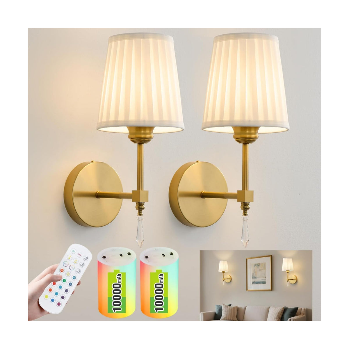 Battery Operated Wall Sconce Set of 2, 10000 Mah Rechargeable Wall Sconces Dimmable 12 RGBS,Remote Wireless