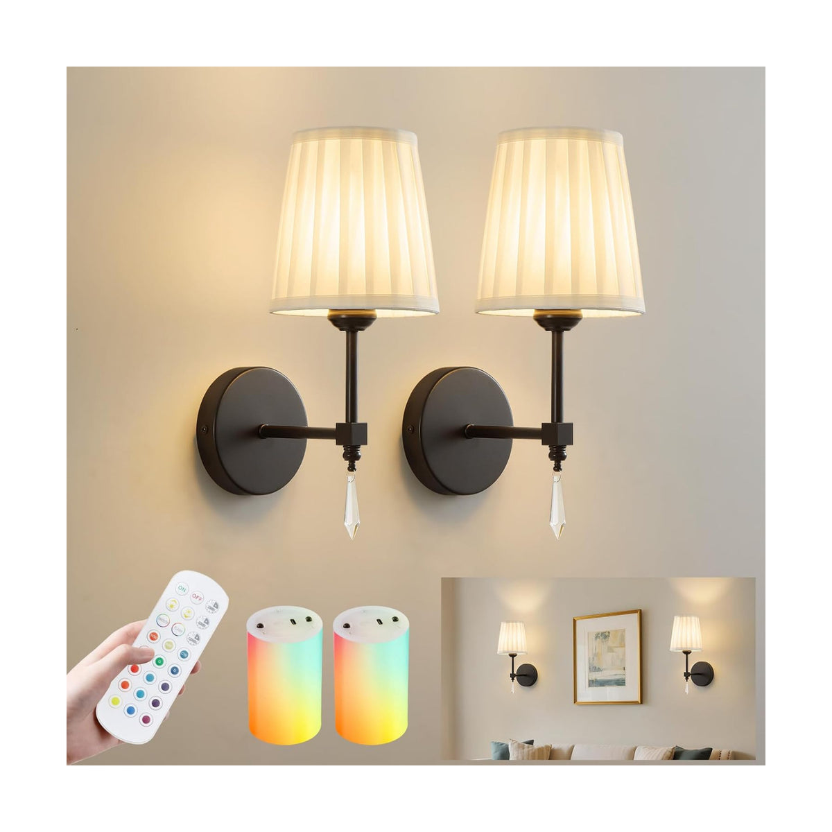 Black Battery Operated Wall Sconce,10000 Mah Rechargeable Wall Sconces set of 2 With Remote,3CCT and 12 RGB Sconces