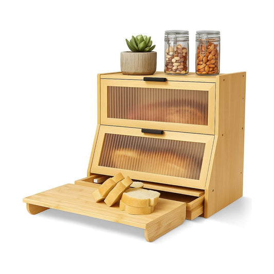 Bread Box for Kitchen Countertop - Bamboo Wood Breadbox with Knife Storage, Ventilation Holes - Farmhouse Loaf