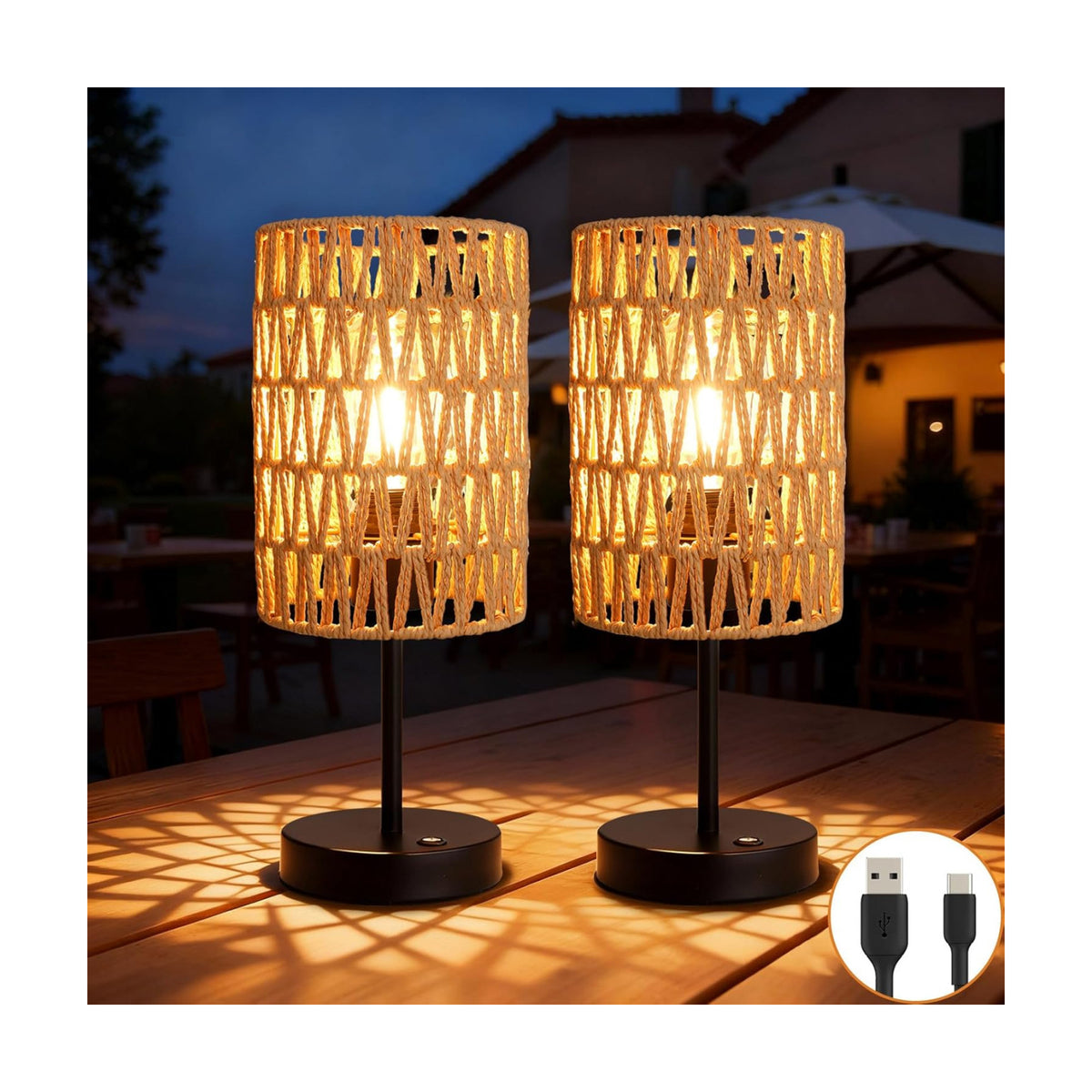 Rechargeable Outdoor Table Lamps, Rattan Boho Cordless Battery Operated Table Lamps, Patio Lamp for Living Room