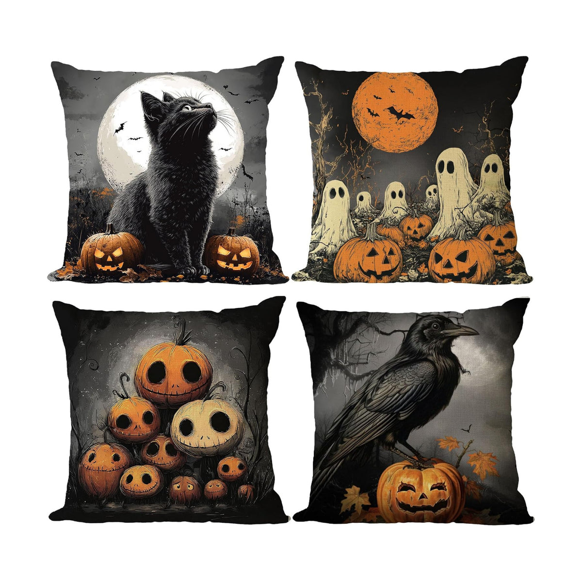 YeeJu Set of 4 Halloween Pillow Covers 12x12 Inch Cute Ghost Pumpkin Decor Throw Pillow Covers Black Plaid Happy Halloween Cushion Covers Linen Pillow Cases for Home Outdoor Sofa Couch (12 by 12)