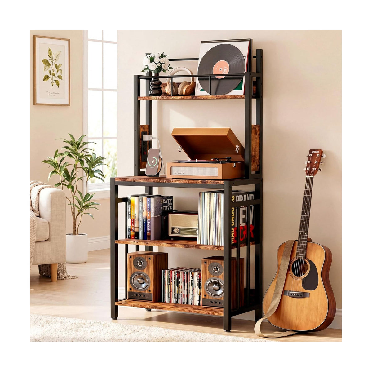 IRONCK Record Player Stand with Storage, Turntable Stand for Living Room | 2-Tier Vinyl Record Shelf with Charge