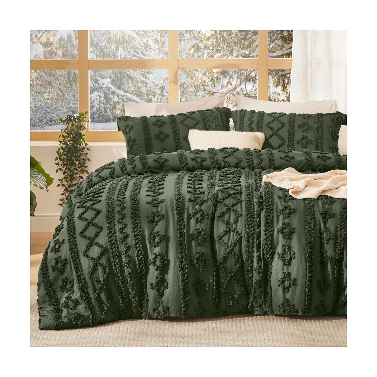 Bedsure Tufted Boho Comforter Set California King - Olive Green Boho Bed Set, GentleSoft™ 3 Pieces Farmhouse-Style
