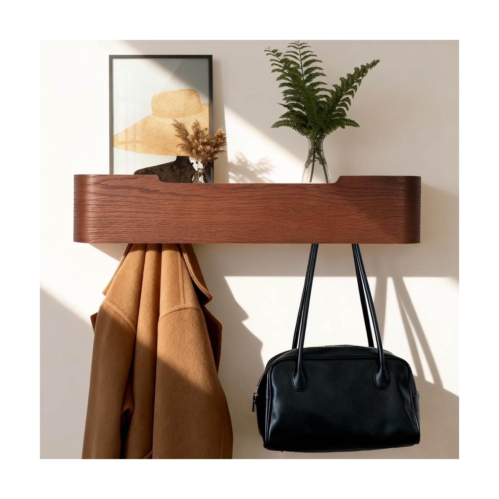 Shelf Entryway Shelf Modern Key Holder Hanger Wall Shelves / Walnut Color / 5 Hooks