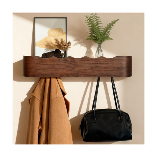 Shelf Entryway Shelf Modern Key Holder Hanger Wall Shelves / Wavy Walnut Color / 5 Hooks