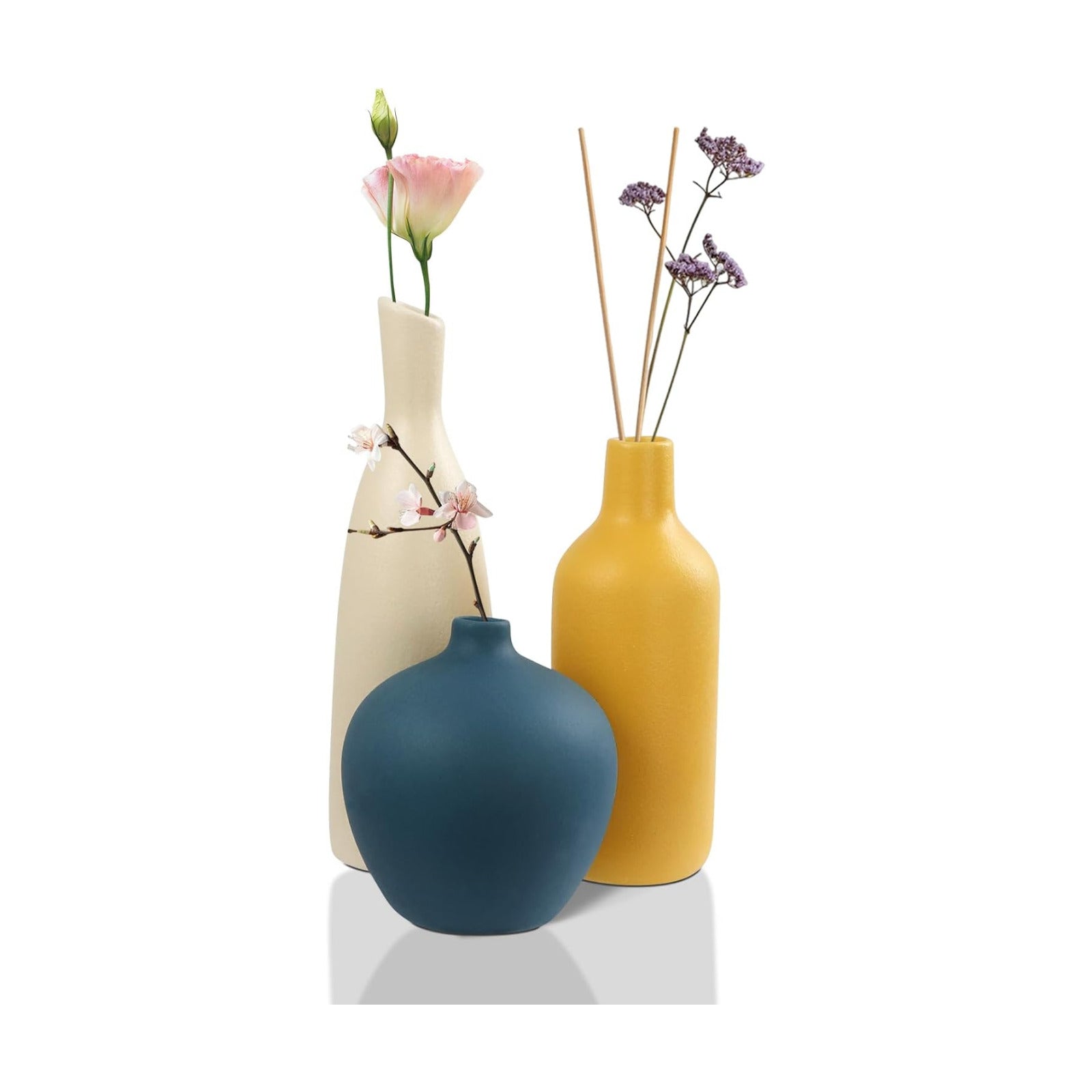 Ceramic Vase / Small Burnt Orange Blue Flower Vases / White / Set of 3