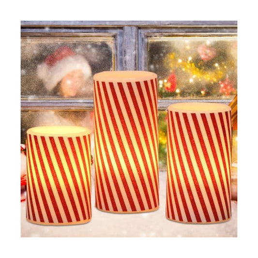 Wondise Red Stripes Flameless Flickering Pillar Candles with 6H Timer