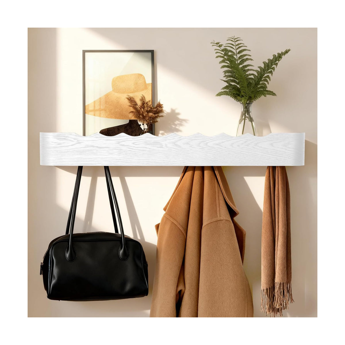 Coat Rack Wall Mount with Shelf Entryway Shelf Modern Key Holder Hanger Wall Shelves with Hidden Hooks for Hanging