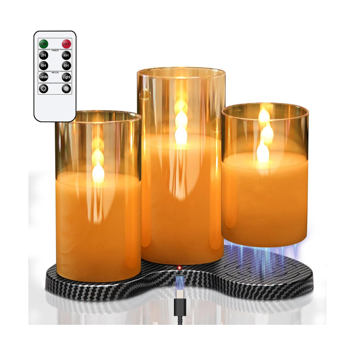 GenSwin Glass Rechargeable Flameless Candles with Remote & Charging Base | Gold, Timer, Battery Operated LED Candles