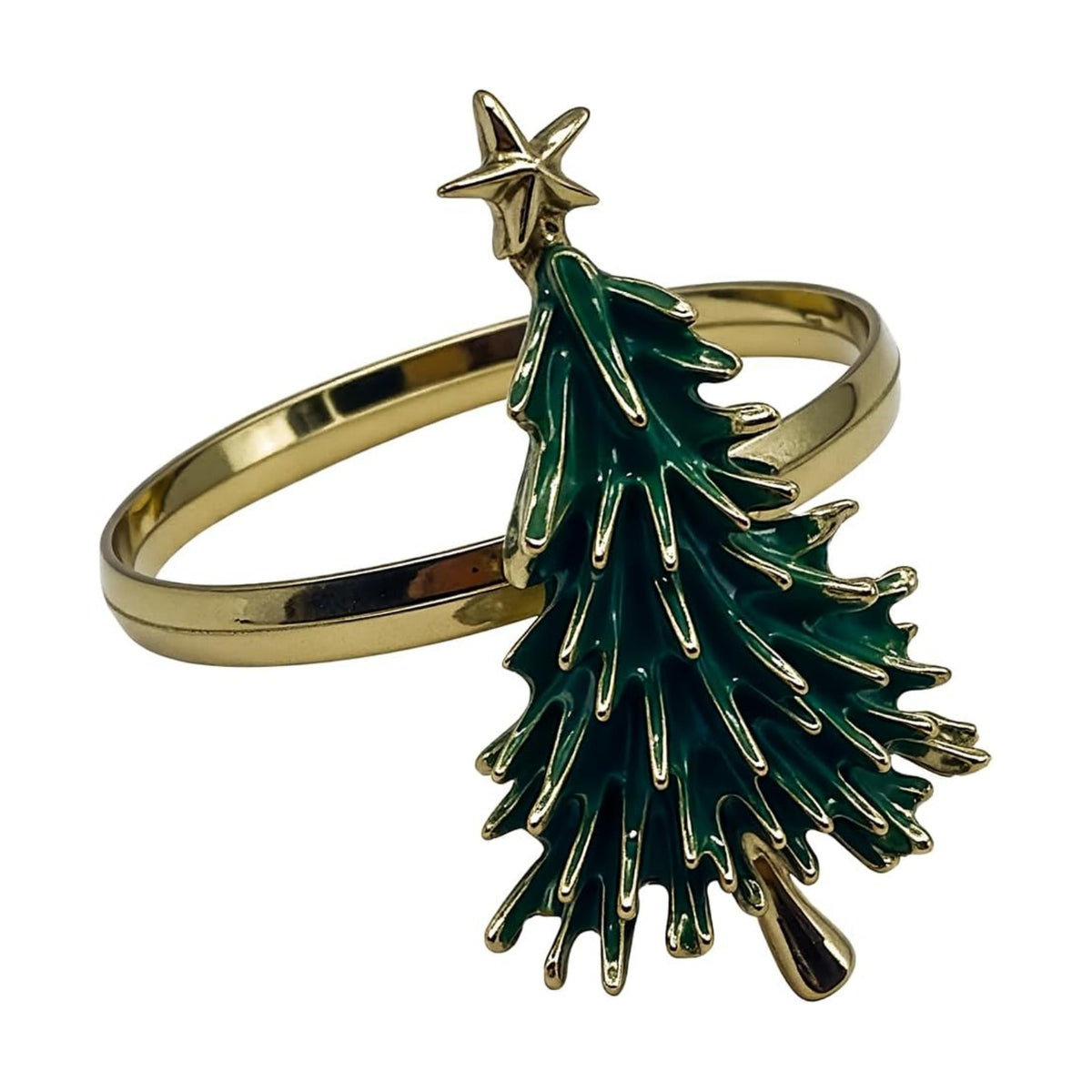 Christmas Tree Napkin Rings Set of 4, Gold Alloy Napkin Holders with Star Topper, Green Enamel Holiday Napkin Rings for Christmas Table Decor, Dinner Party Table Setting Accessories