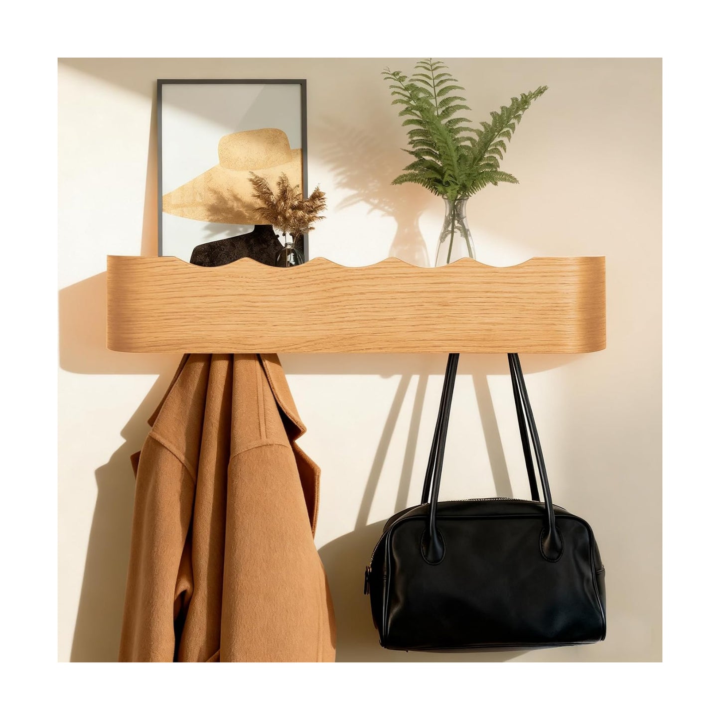 Shelf Entryway Shelf Modern Key Holder Hanger Wall Shelves / Wavy Oak / 5 Hooks
