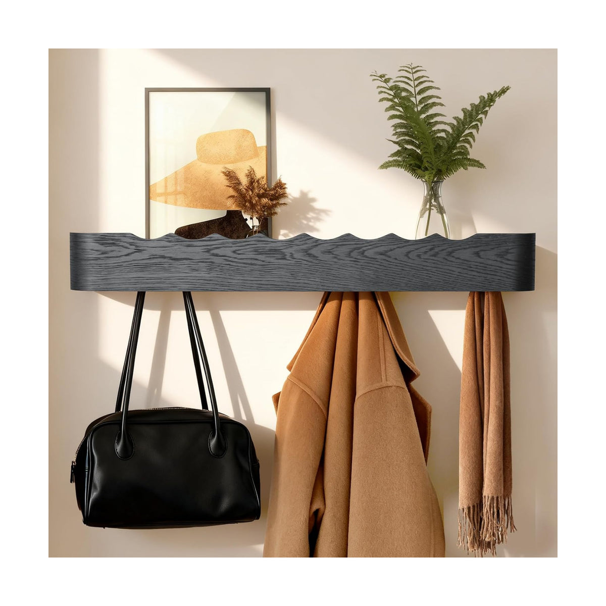 Coat Rack Wall Mount with Shelf Entryway Shelf Modern Key Holder Hanger Wall Shelves with Hidden Hooks for Hanging