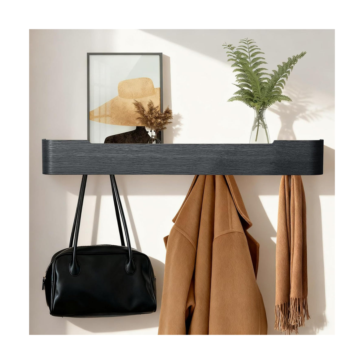 Coat Rack Wall Mount with Shelf Entryway Shelf Modern Key Holder Hanger Wall Shelves with Hidden Hooks for Hanging