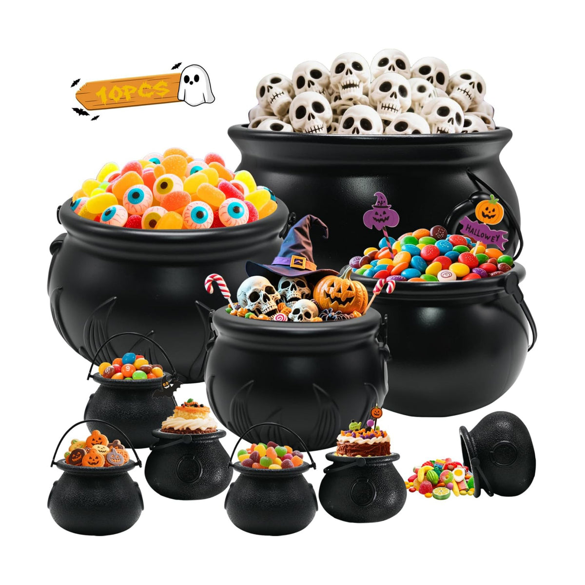 Witch Cauldron Halloween Decoration, 10 in 1 Package Large Black Plastic Candy Bowl Set, Cauldron Kettle Candy Holder Containers for Halloween Party Decor & Trick-or-Treat Bowl