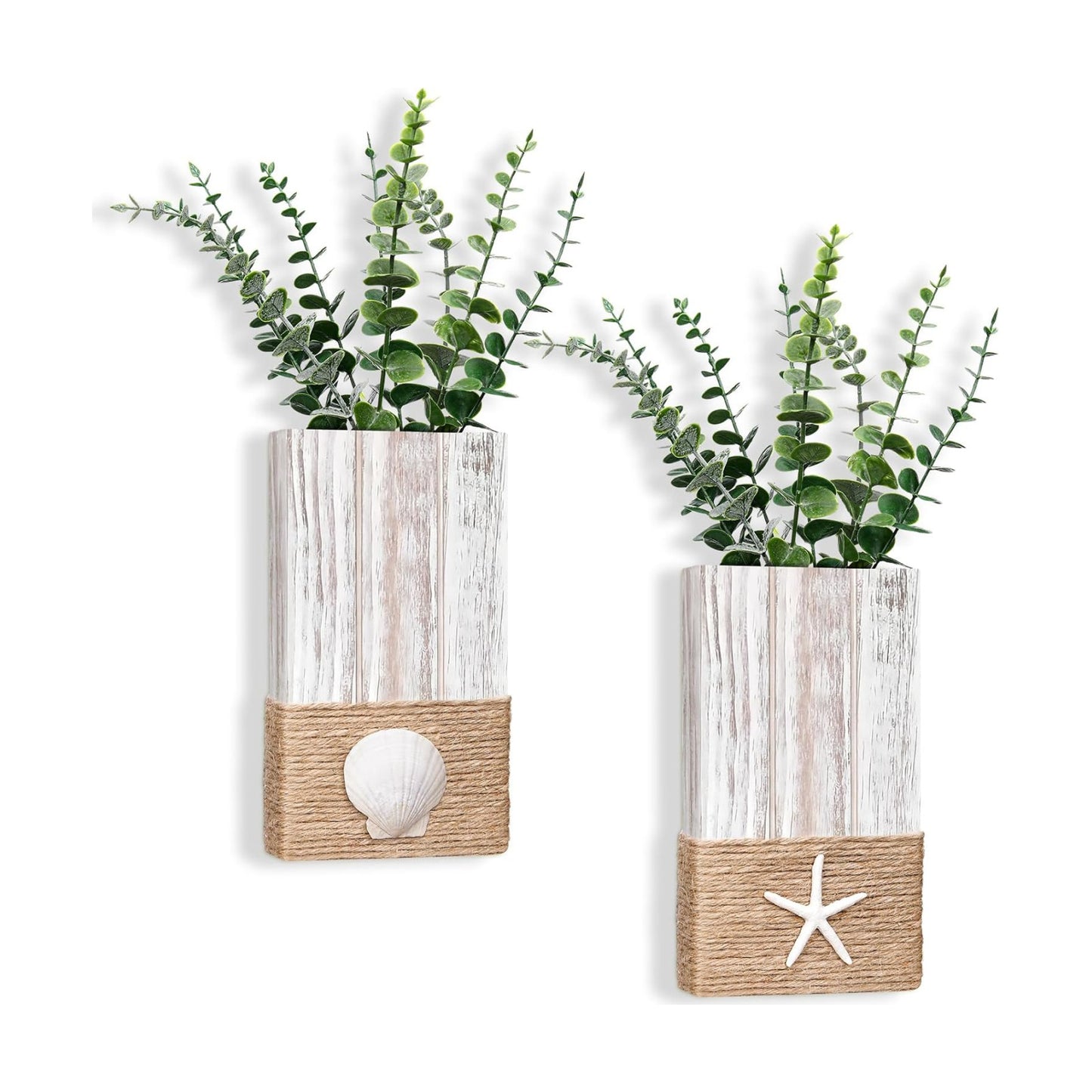 Beach Rustic Wood Wall Planter Vase Beach Room Decor Nautical Coastal / Seashell / White / Set of 2