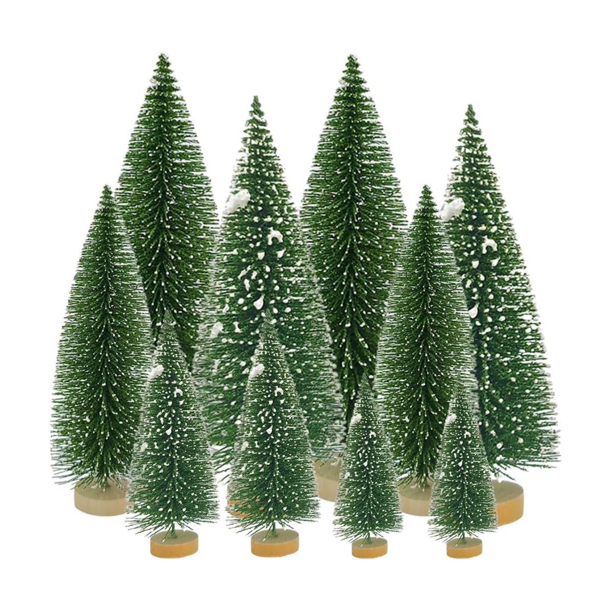 Yahpetes Christmas Trees 10 Pcs Bottle Brush Christmas Trees 5 Size Artificial Christmas Sisal Snow Frost Trees Pine Trees with Wood Base for Tabletop Christmas Party Home Indoor Decor (Dark Green)