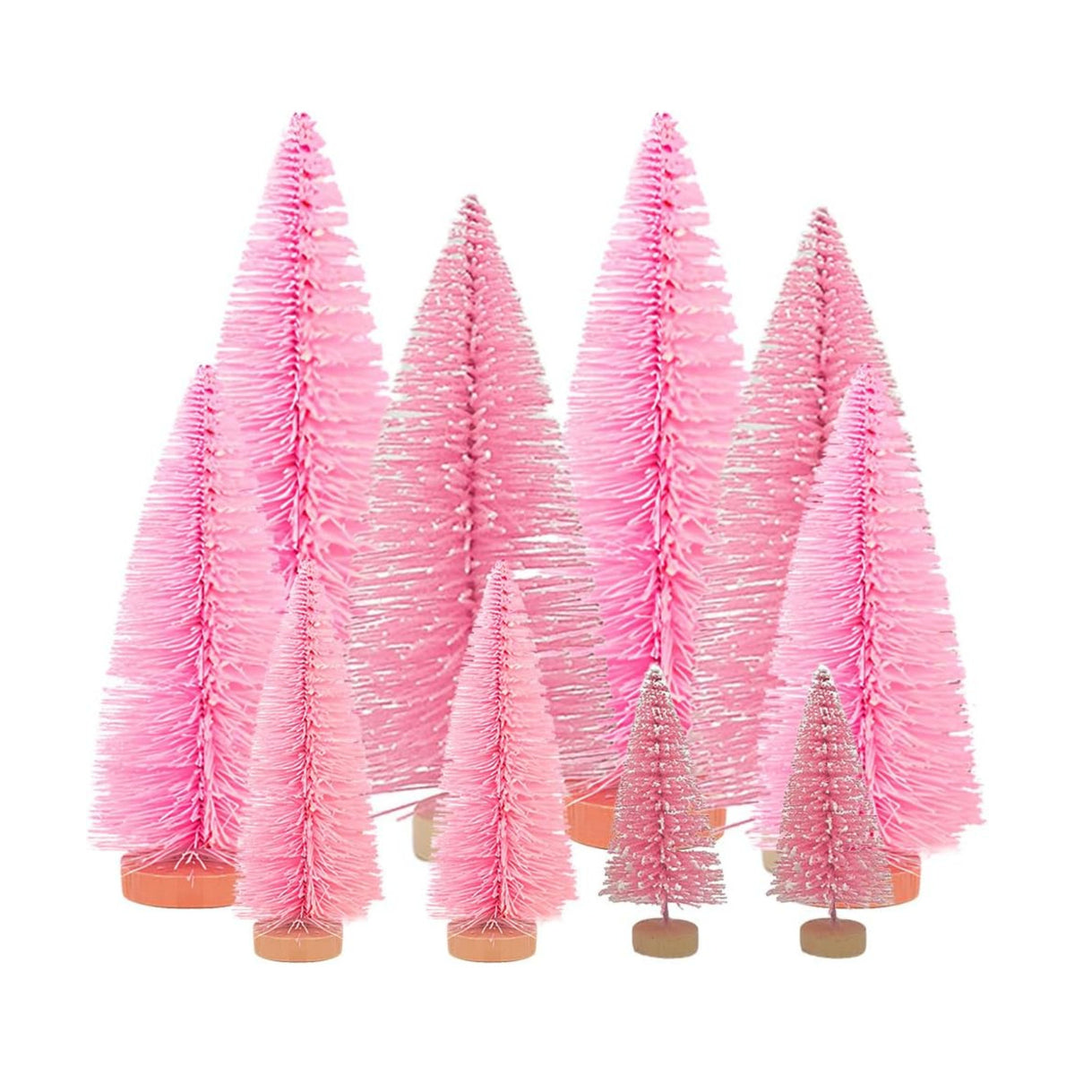 Yahpetes Christmas Trees 10 Pcs Bottle Brush Christmas Trees 5 Size Artificial Mini Christmas Sisal Snow Frost Trees Pine Trees with Wood Base for Tabletop Christmas Party Home Indoor Decor (Pink)