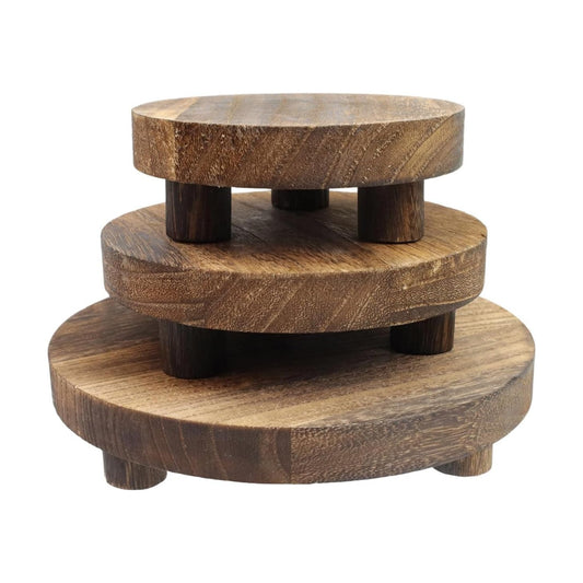 5/6/8" Round Wood Riser Small Planter Tray Modern Potter Decorative for Desktop / Set of 3